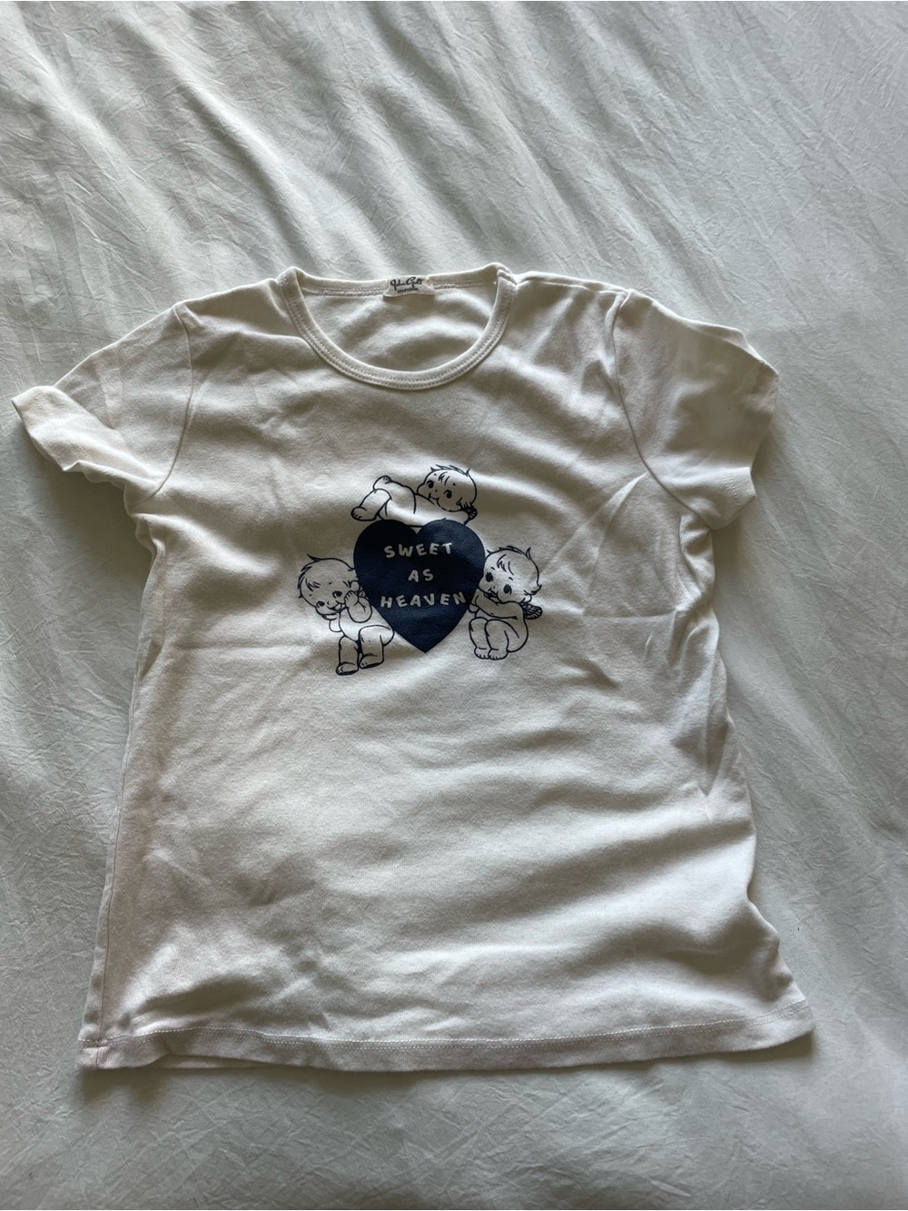 Brandy Melville White Crop Tee with Navy Heart Graphic